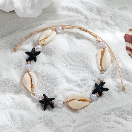 Adjustable Starfish & Shell Anklet with Pearls – Waterproof Wax Cord Foot Jewelry