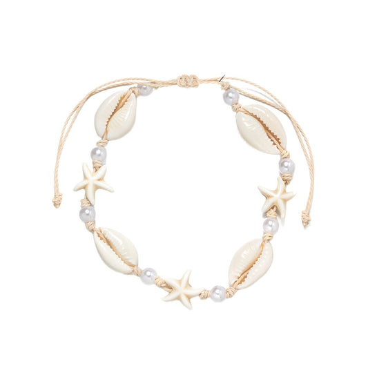 Adjustable Starfish & Shell Anklet with Pearls – Waterproof Wax Cord Foot Jewelry
