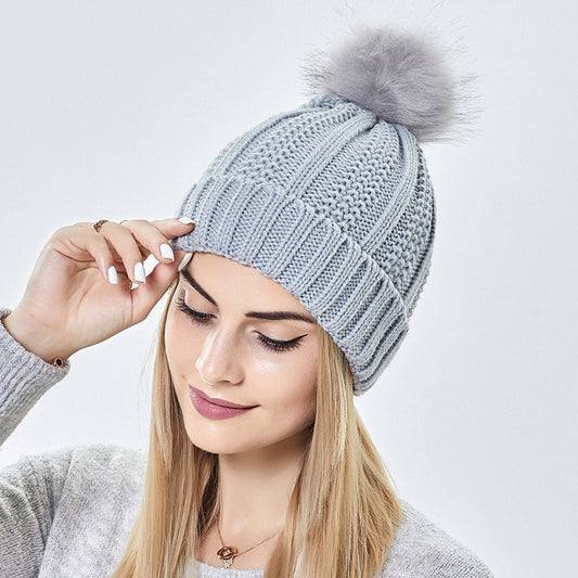 Fashion Satin - Lined Knit Beanie with Faux Fur Pom Pom