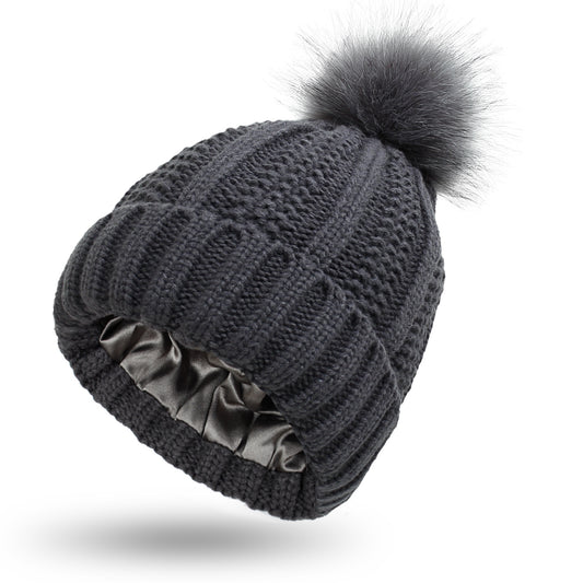 Fashion Satin - Lined Knit Beanie with Faux Fur Pom Pom